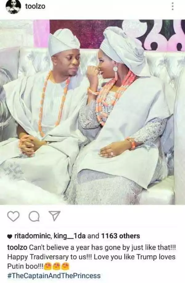 Love You Like Trump Loves Putin Boo!!! – Toolz To Husband As They Celebrate 1st Anniversary